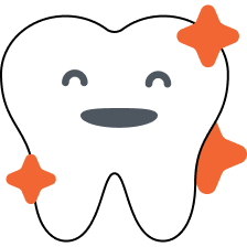 Smiling cartoon tooth with blue sparkles around it.