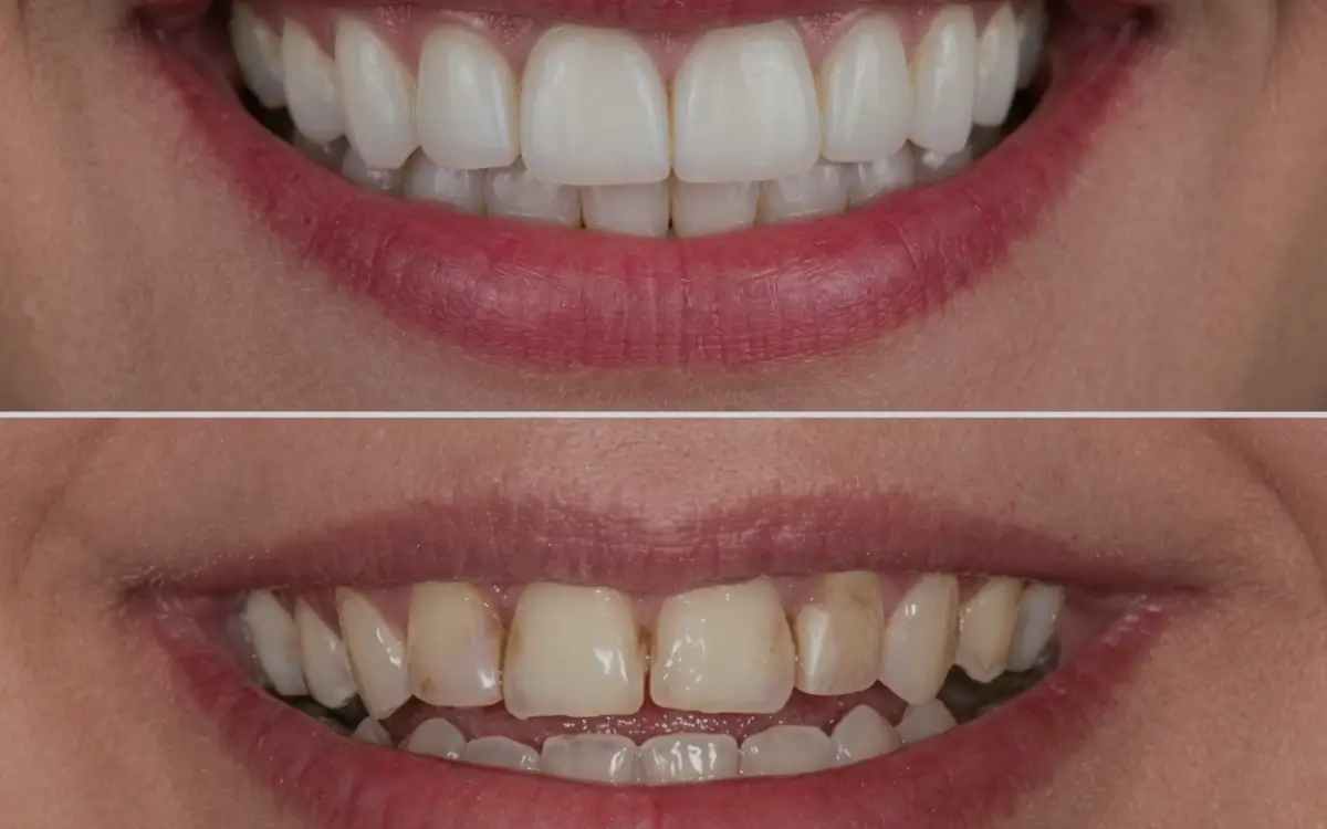 Close-up before and after cosmetic dentistry smile comparison showing discolored teeth transformed into a whiter, more even smile