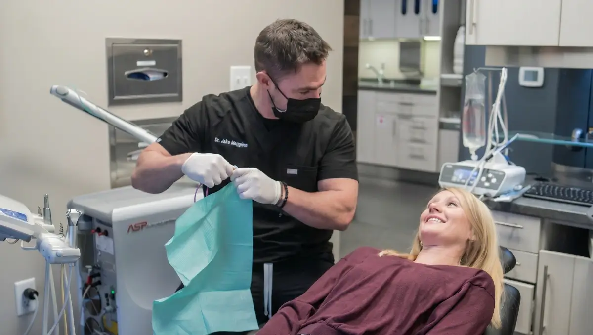 Patient receiving a dental cleaning and checkup at Dental Elements in Shawnee, Leawood and Wellsville, KS